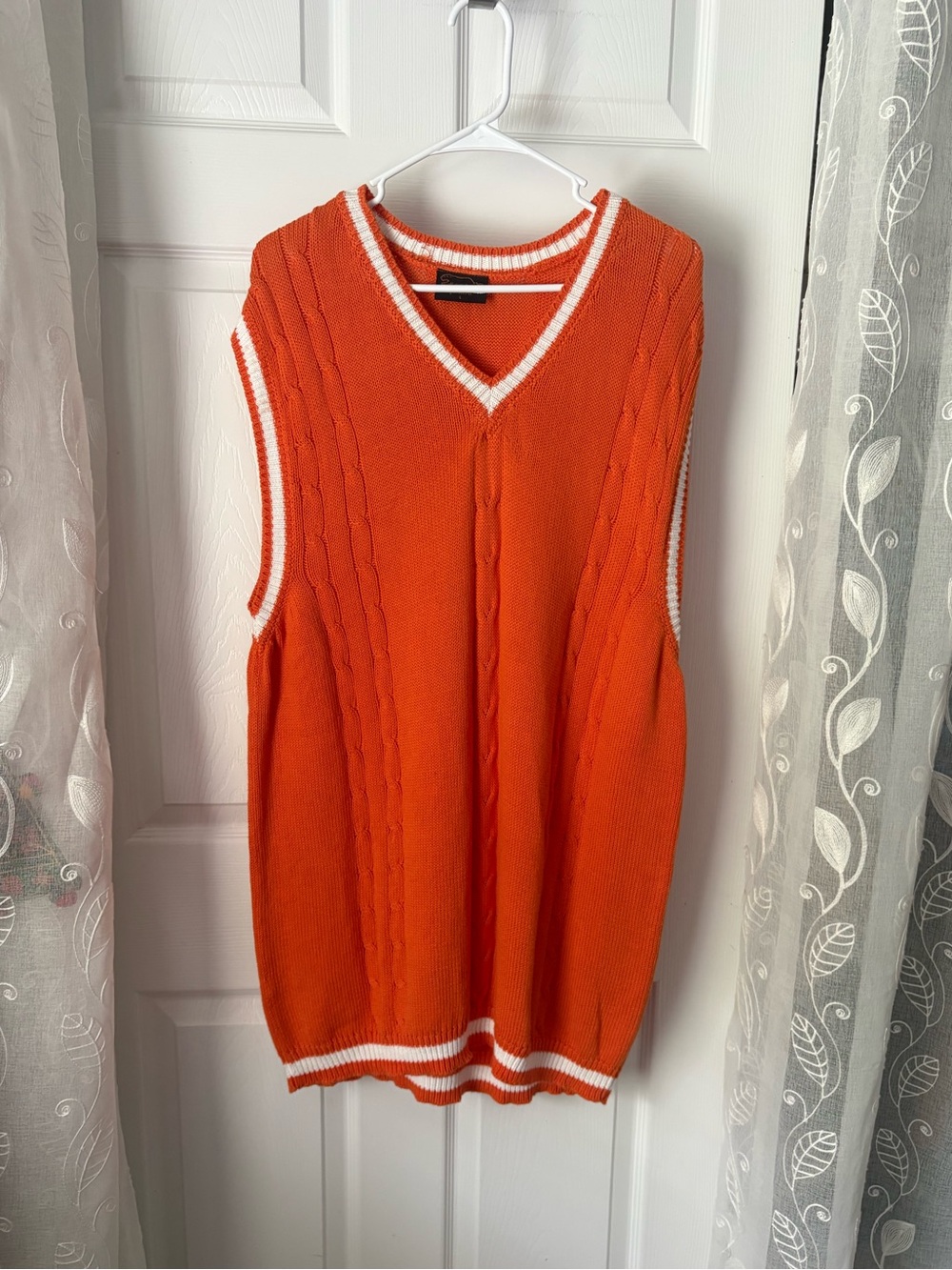Pantera Orange V-Neck Cable Knit Sweater Vest White Trim 100% cotton men size L